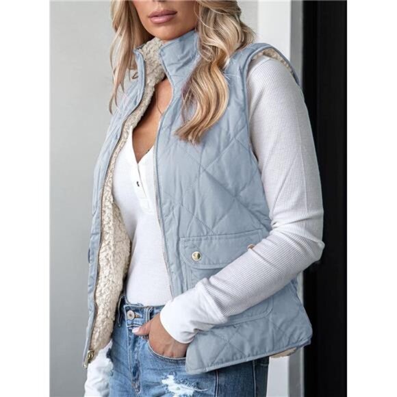 Valphsio Women's Reversible Sherpa Vest Quilted Zip Fleece Padded Gilet with - Picture 2 of 6